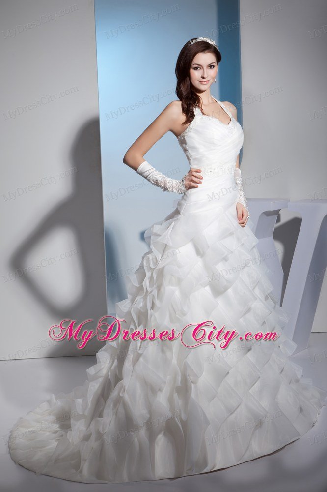 Halter Diagonal Layered Ruffles Court Train Wedding Dress