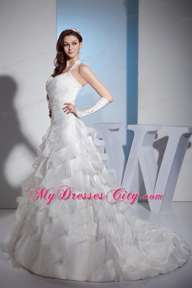 Halter Diagonal Layered Ruffles Court Train Wedding Dress