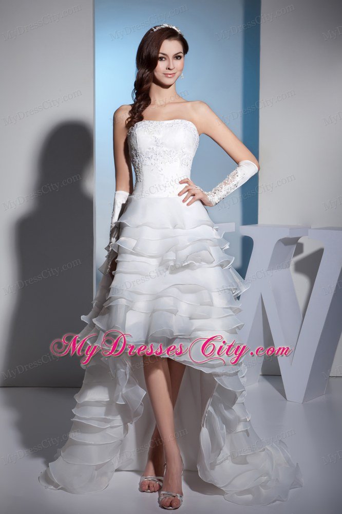 Strapless Embroidery Layered Ruffles High-low Wedding Dress