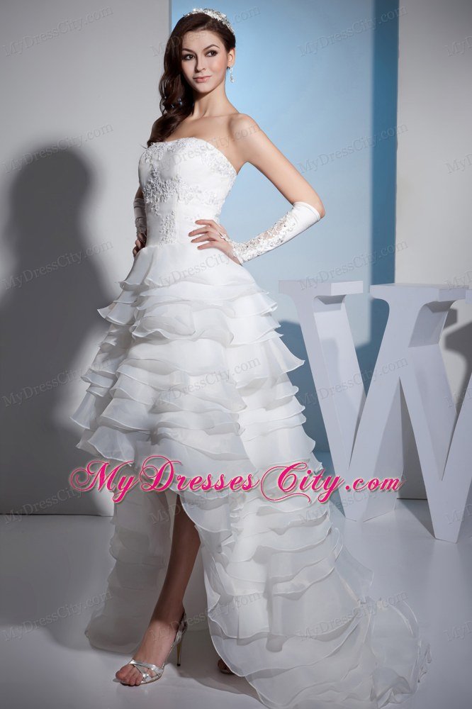 Strapless Embroidery Layered Ruffles High-low Wedding Dress