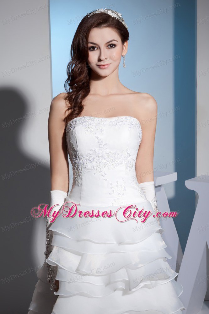 Strapless Embroidery Layered Ruffles High-low Wedding Dress