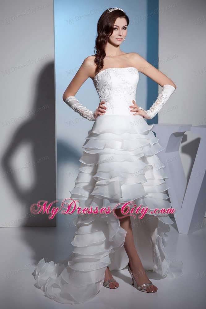 Strapless Embroidery Layered Ruffles High-low Wedding Dress