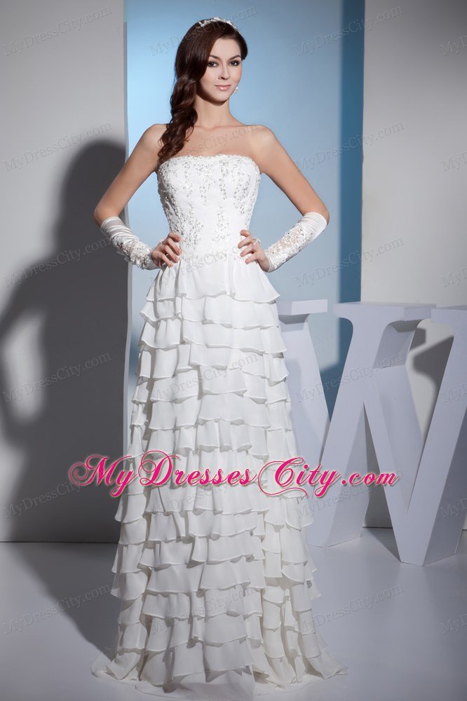 Embroidery Layered Ruffles Wedding Dress with Detached Sleeves