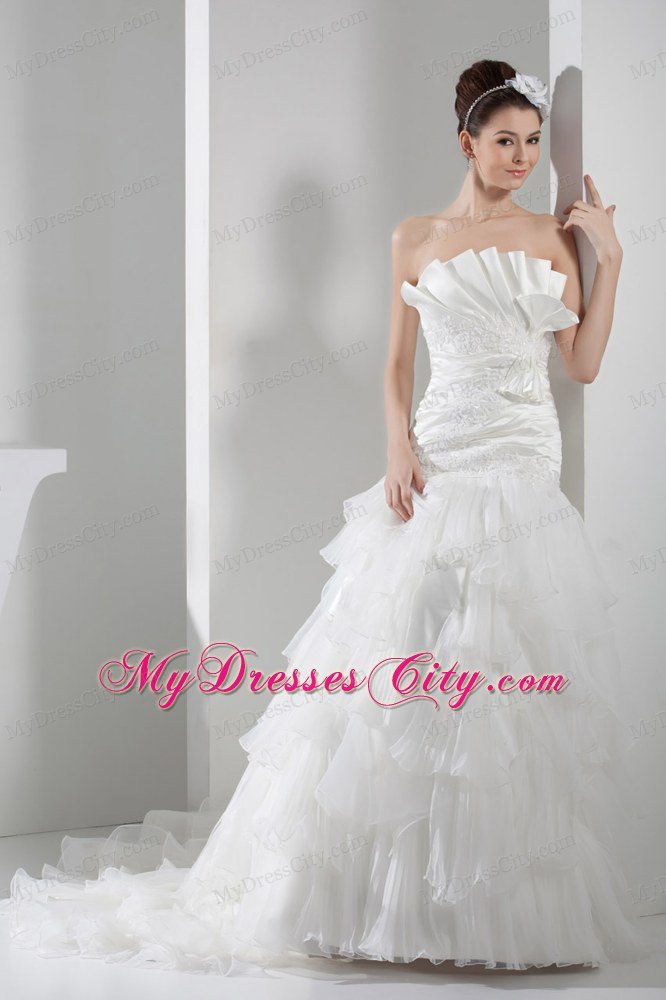 Appliques Ruffled Taffeta and Organza Court Train Wedding Dress