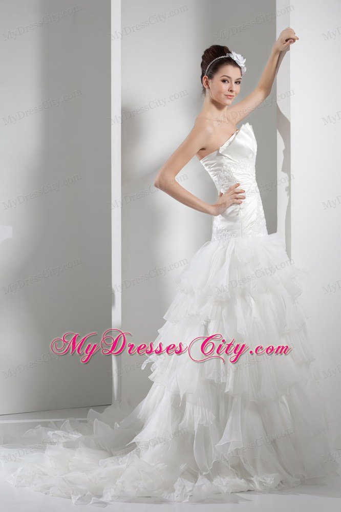 Appliques Ruffled Taffeta and Organza Court Train Wedding Dress