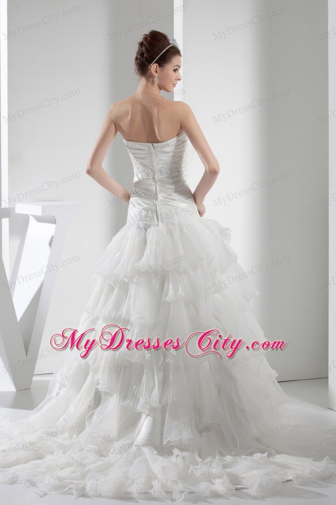 Appliques Ruffled Taffeta and Organza Court Train Wedding Dress