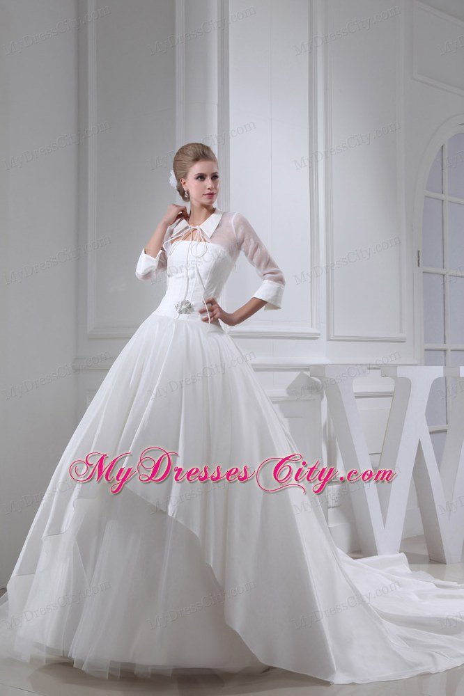 Cathedral Train 3 4 Sleeves Wedding Dress with Sheer Neckline