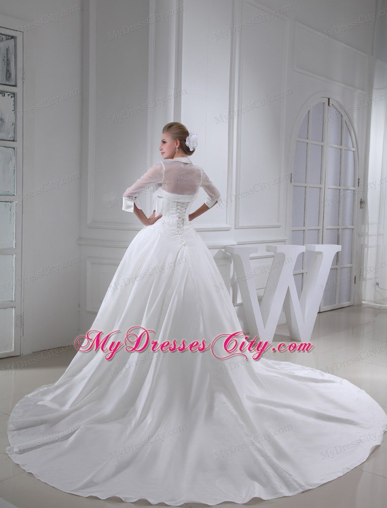 Cathedral Train 3 4 Sleeves Wedding Dress with Sheer Neckline