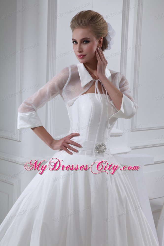 Cathedral Train 3 4 Sleeves Wedding Dress with Sheer Neckline