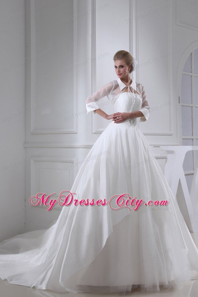 Cathedral Train 3 4 Sleeves Wedding Dress with Sheer Neckline