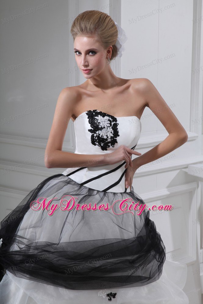 White and Black Ball Gown Chapel Train Bridal Grown with Appliques