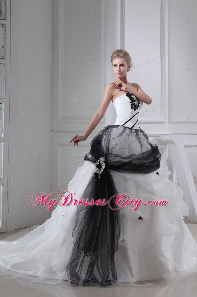 White and Black Ball Gown Chapel Train Bridal Grown with Appliques