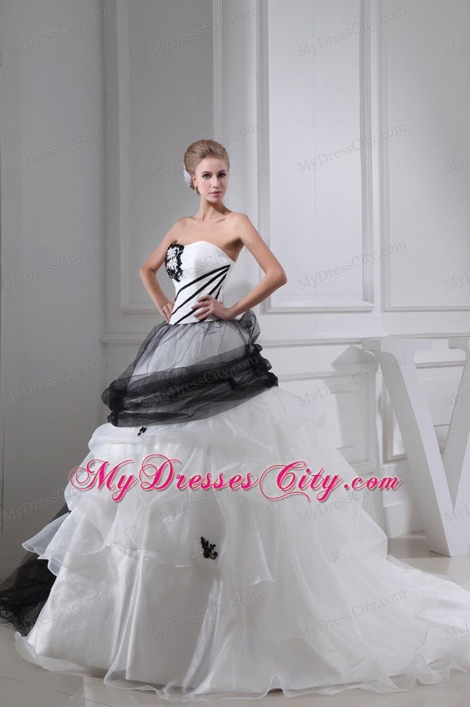 White and Black Ball Gown Chapel Train Bridal Grown with Appliques