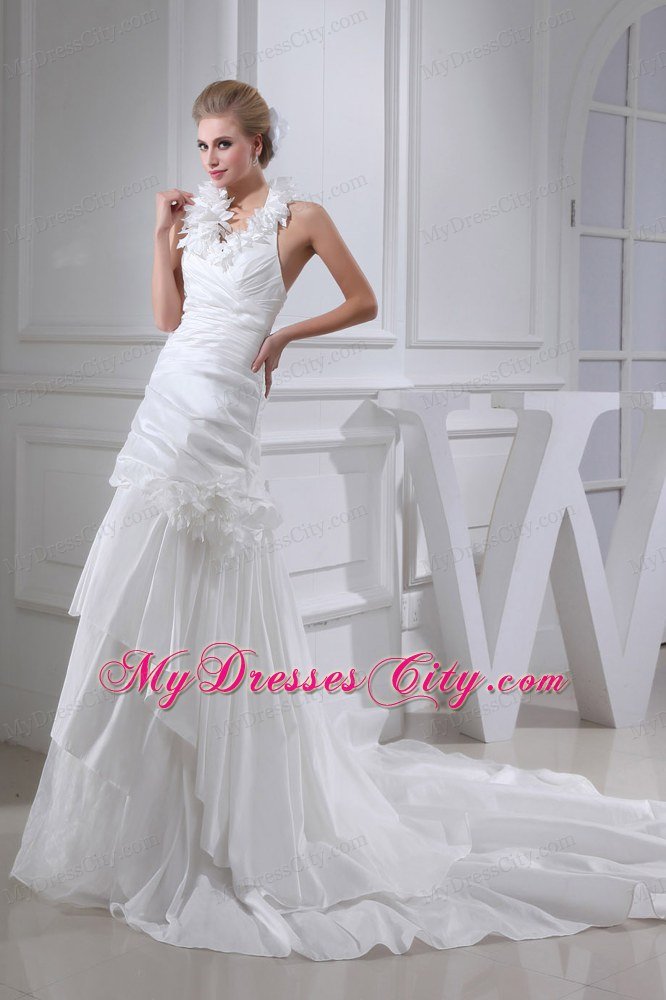 Chapel Train Hand Made Flowers Halter Wedding Dress with Layers