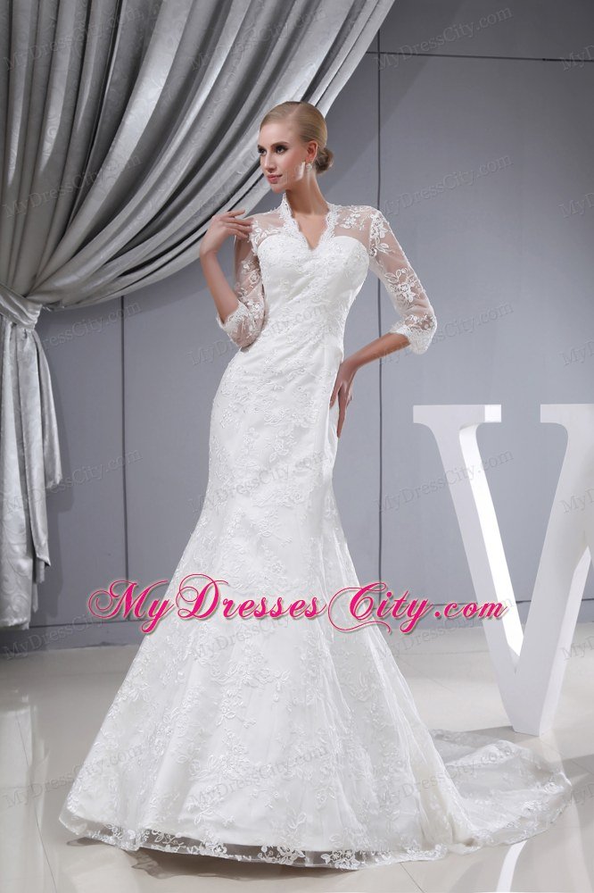 Mermaid Court Train 3 4 Sleeves Lace Wedding Dress with V-neck