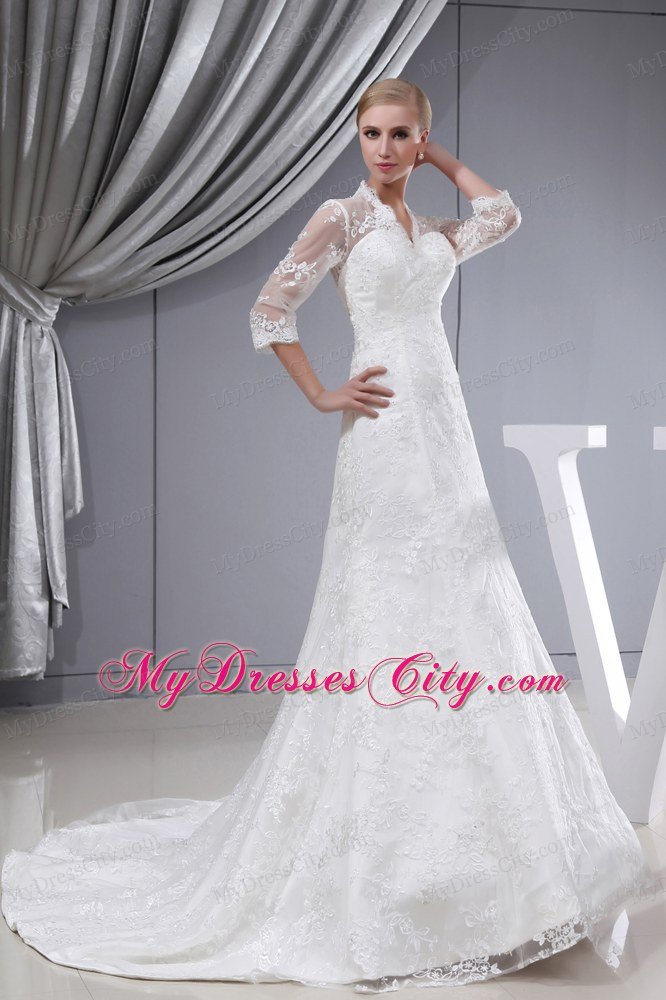 Mermaid Court Train 3 4 Sleeves Lace Wedding Dress with V-neck