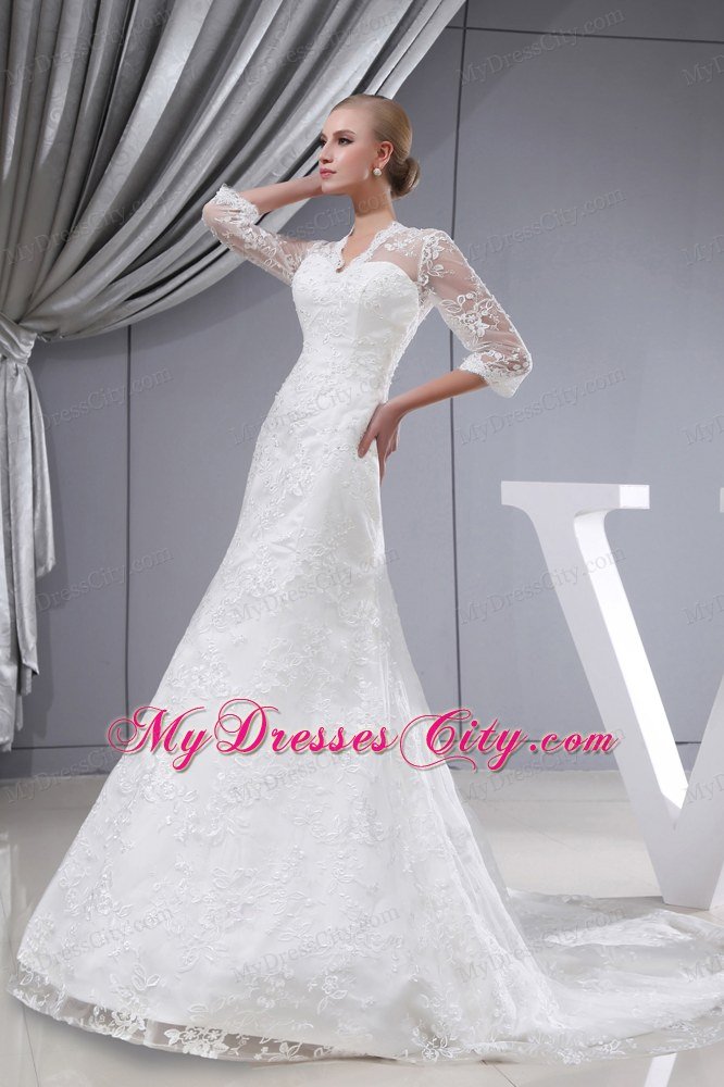 Mermaid Court Train 3 4 Sleeves Lace Wedding Dress with V-neck