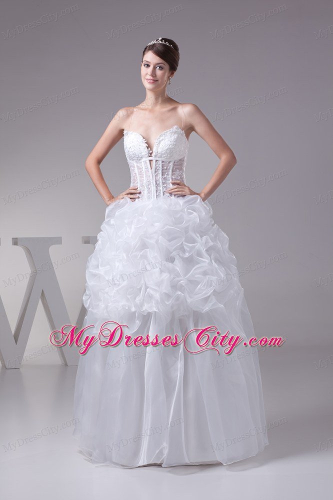 White Ball Gown Spaghetti Straps Ruffled Lace Wedding Dresses