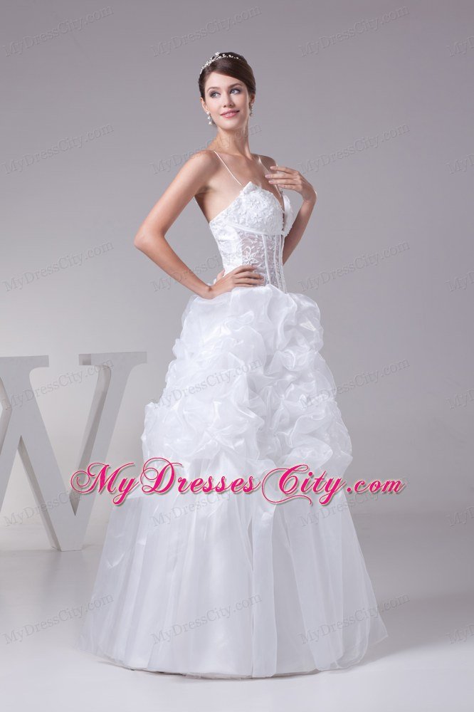 White Ball Gown Spaghetti Straps Ruffled Lace Wedding Dresses