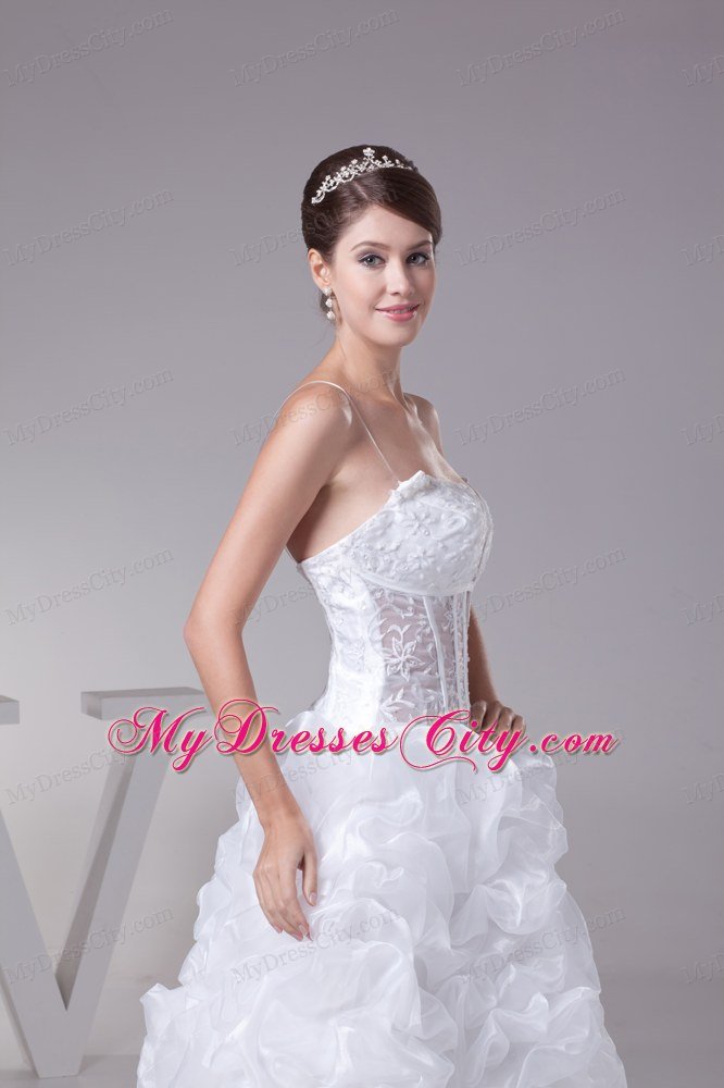 White Ball Gown Spaghetti Straps Ruffled Lace Wedding Dresses