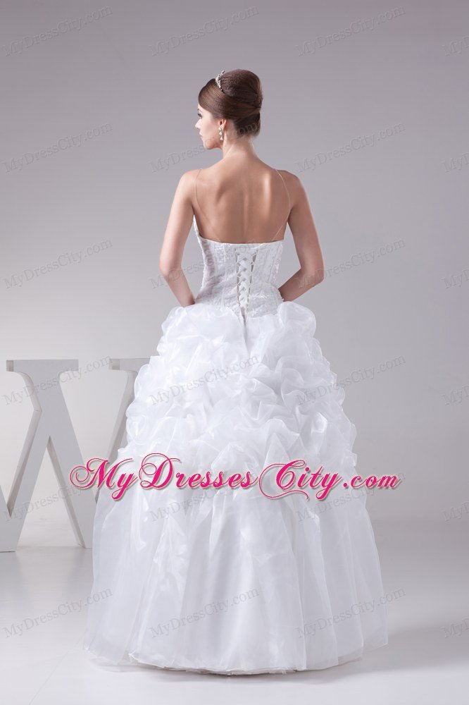 White Ball Gown Spaghetti Straps Ruffled Lace Wedding Dresses