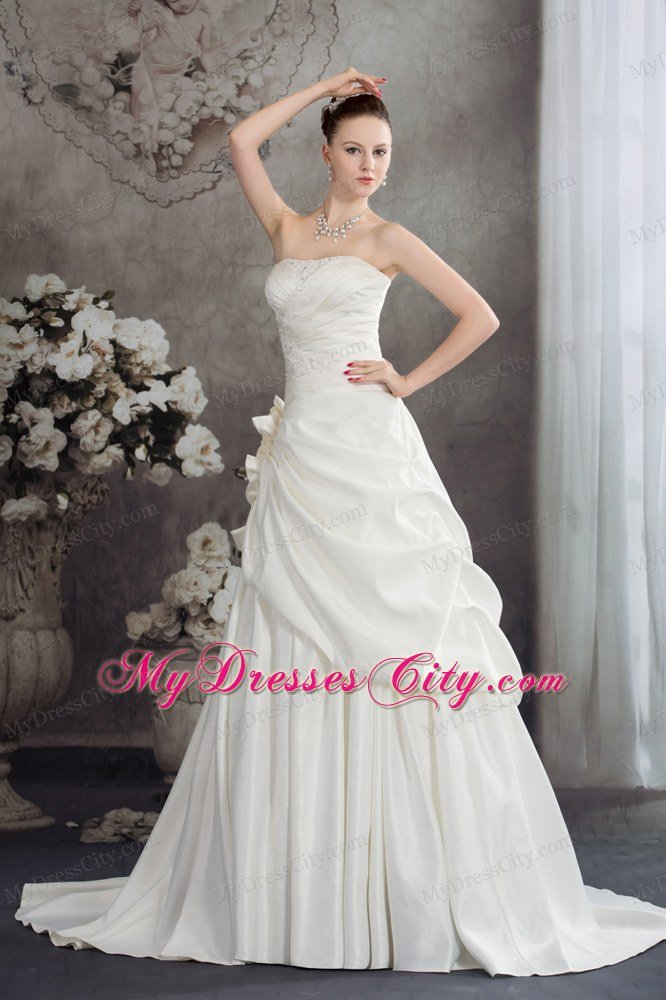 A-line Brush Train Pleats Bridal Dress with Hand Made Flowers