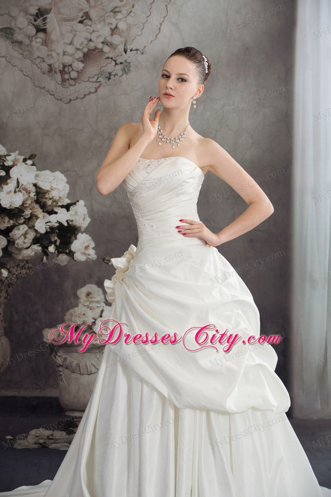 A-line Brush Train Pleats Bridal Dress with Hand Made Flowers