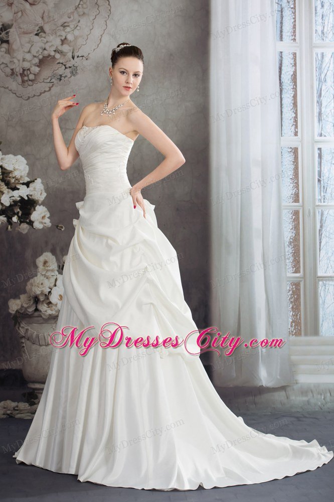 A-line Brush Train Pleats Bridal Dress with Hand Made Flowers