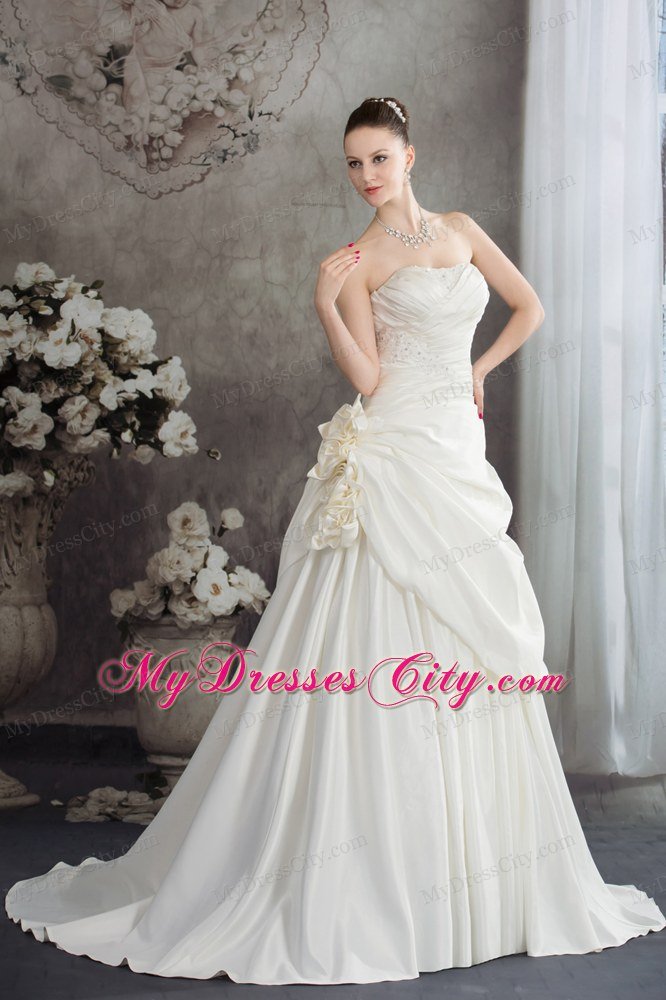 A-line Brush Train Pleats Bridal Dress with Hand Made Flowers