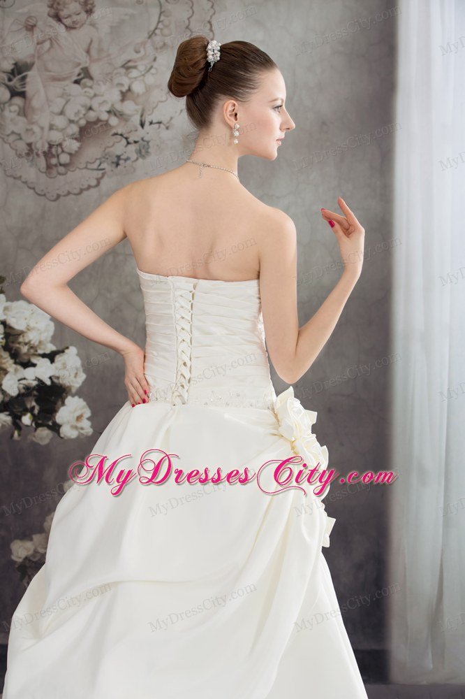 A-line Brush Train Pleats Bridal Dress with Hand Made Flowers