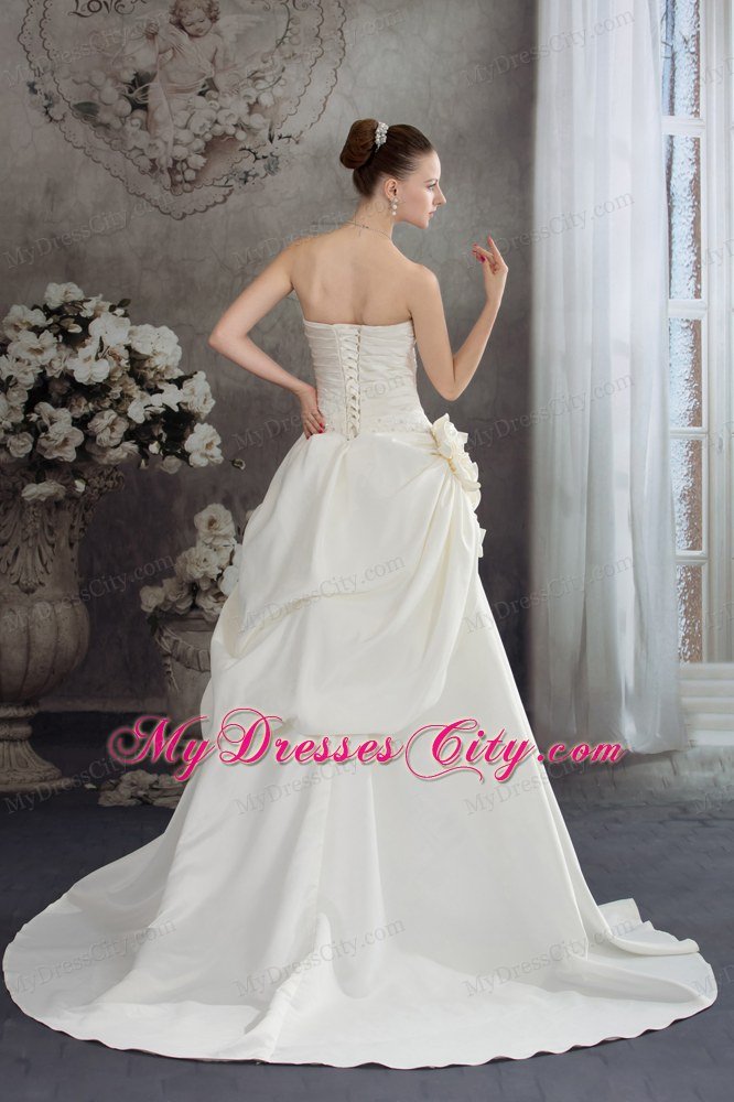 A-line Brush Train Pleats Bridal Dress with Hand Made Flowers