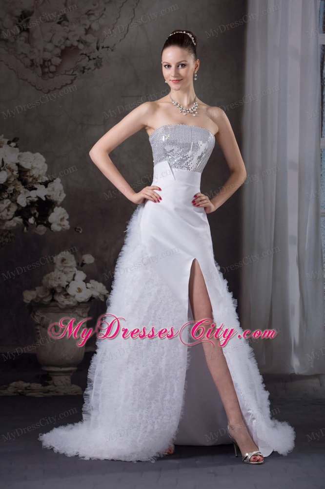 Ruffles Weeding Dress with Paillette and High Slit on the side