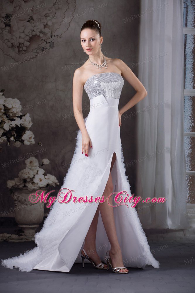 Ruffles Weeding Dress with Paillette and High Slit on the side