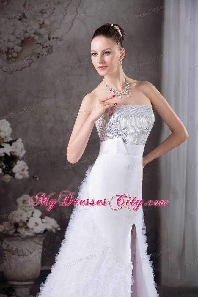 Ruffles Weeding Dress with Paillette and High Slit on the side