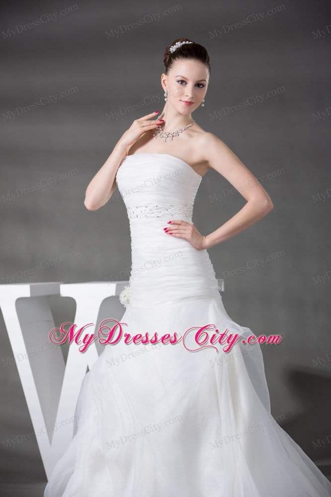 A-line Strapless Ruching Appliques Wedding Dress with Pick-ups