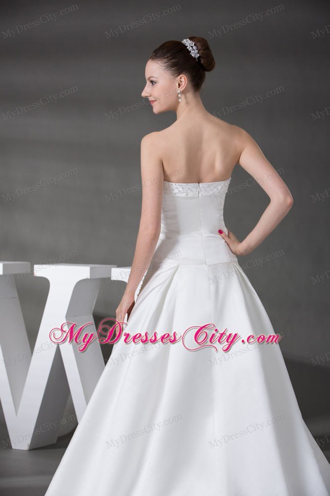 Chapel Train Satin Beaded Wedding Dress with Zipper Up Back