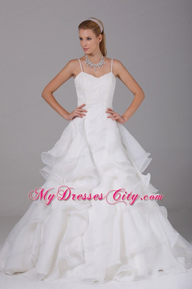 White Spaghetti Straps Beaded Wedding Dress With Ruffles