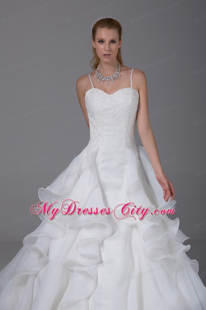 White Spaghetti Straps Beaded Wedding Dress With Ruffles