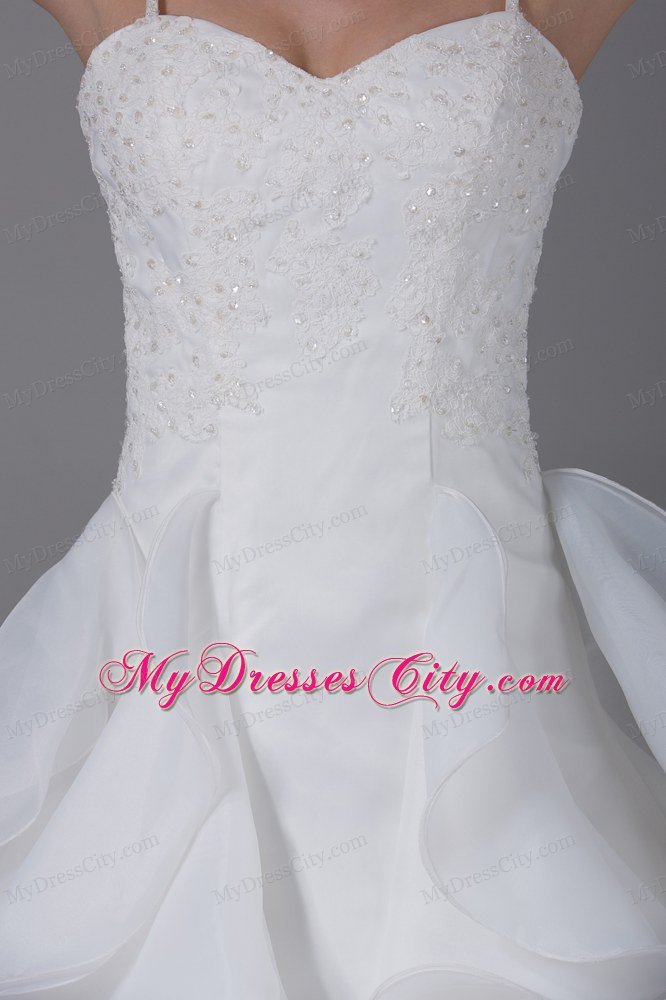 White Spaghetti Straps Beaded Wedding Dress With Ruffles