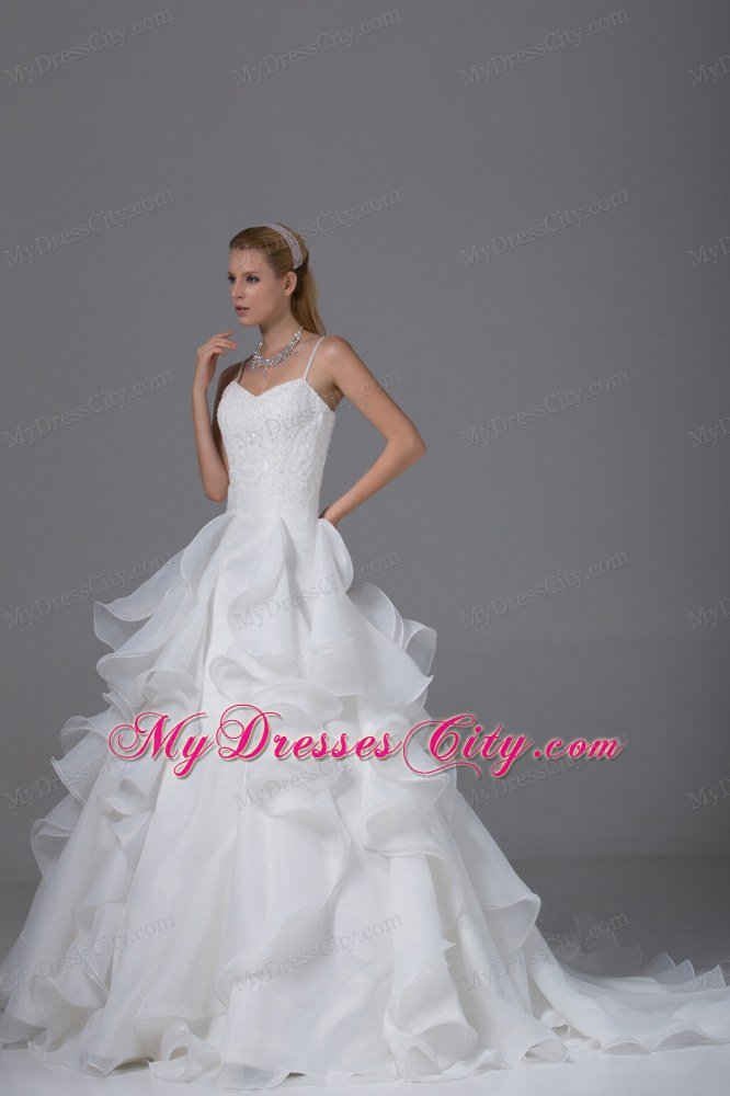 White Spaghetti Straps Beaded Wedding Dress With Ruffles