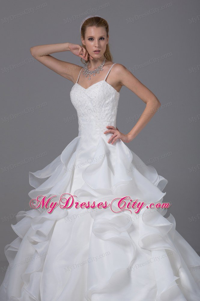 White Spaghetti Straps Beaded Wedding Dress With Ruffles