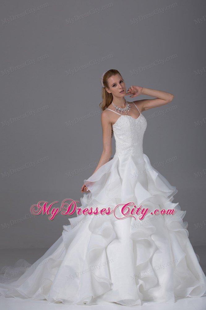 White Spaghetti Straps Beaded Wedding Dress With Ruffles