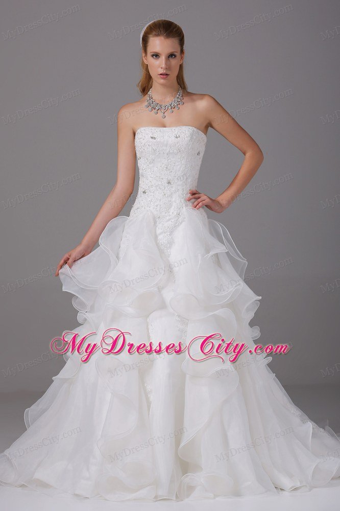 Ruffled Embroidery Wedding Dress with Rhinestones and Beads