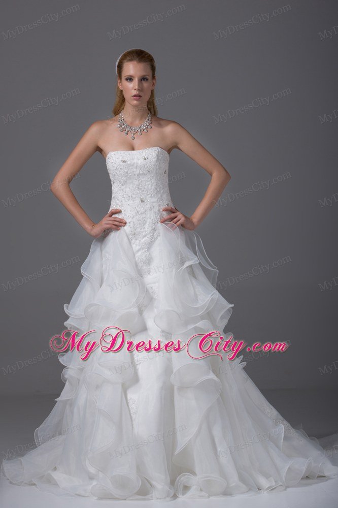 Ruffled Embroidery Wedding Dress with Rhinestones and Beads