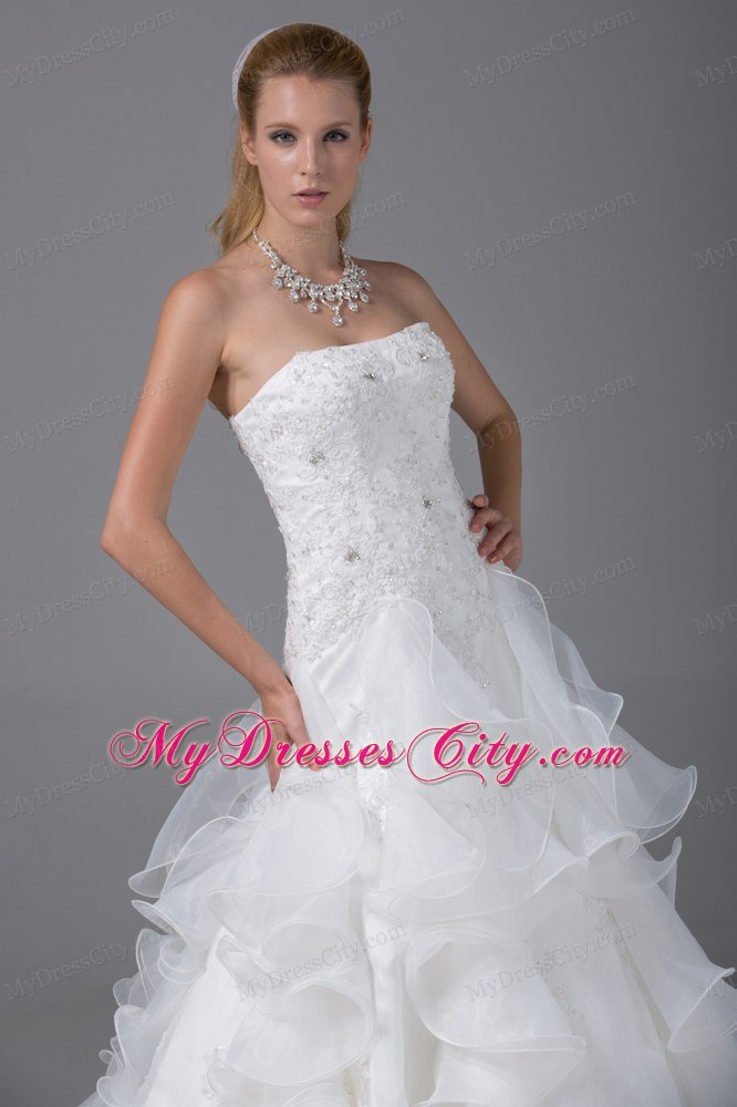 Ruffled Embroidery Wedding Dress with Rhinestones and Beads