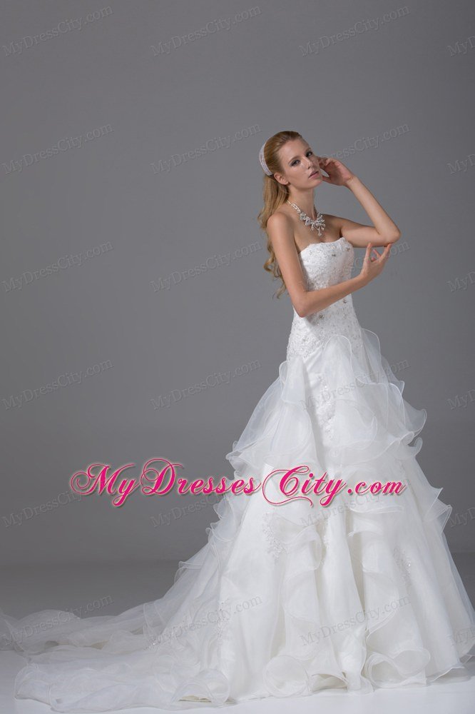 Ruffled Embroidery Wedding Dress with Rhinestones and Beads