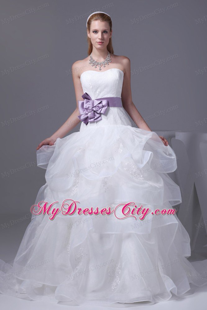 Ruffled Layers 2013 Wedding Gown with Lilac Flowers Belt