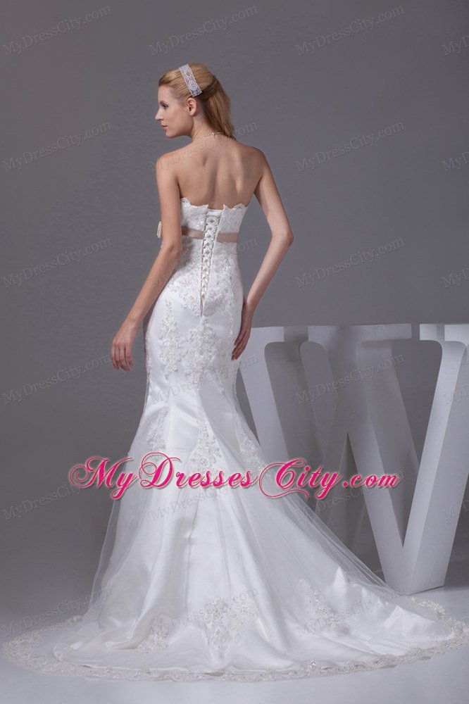 Mermaid Court Train Beaded Lace Weeding Dress with Sash