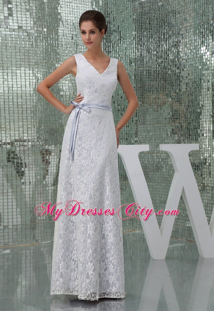 Floor-length Column V-neck Lace Wedding Dress with Sash