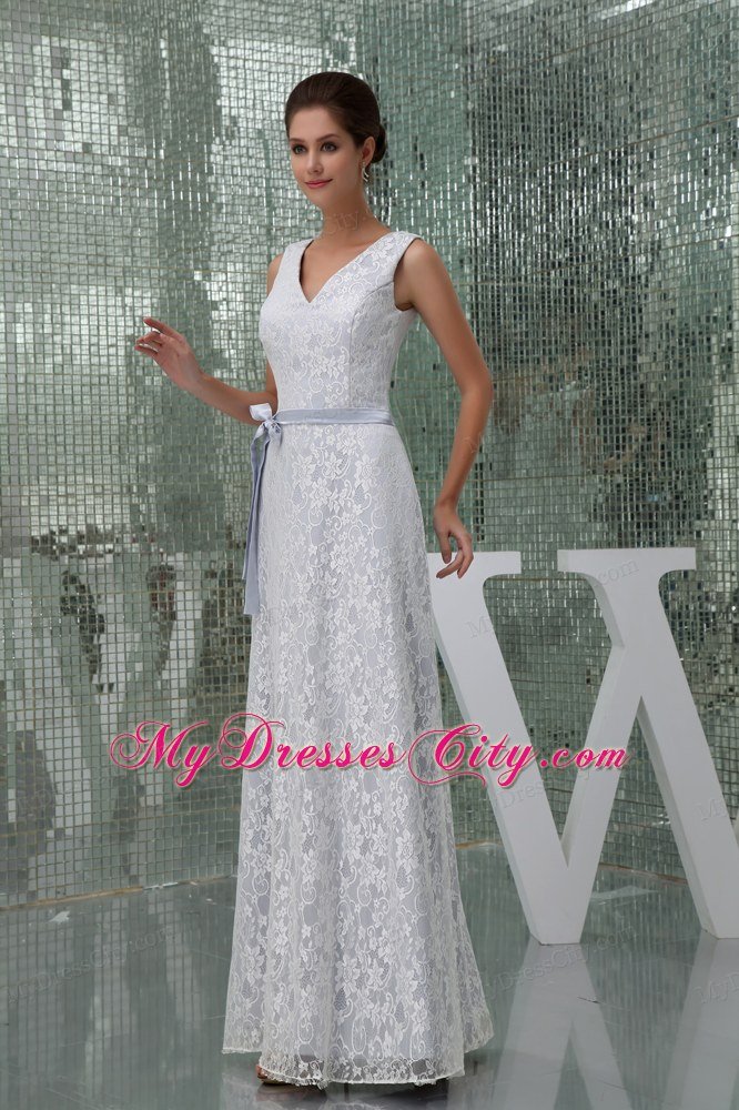 Floor-length Column V-neck Lace Wedding Dress with Sash